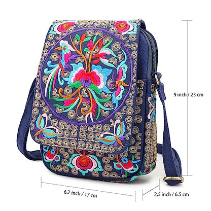SILKAREA Embroidered Cute Mini Crossbody Bag for Women Small Handbags Wristlet Wallet Bag Cell-phone Pouch Coin Purse - color: S2 Blue Medium