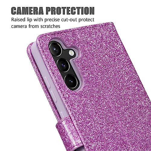 QLTYPRI Case for Samsung Galaxy A16 4G/5G, Bling Shiny Glitter Flip Folio Case Full-Body Protective Cover Card Slots Magnetic Closure Kickstand Wrist Strap for Women Girls A16 Case - Purple
