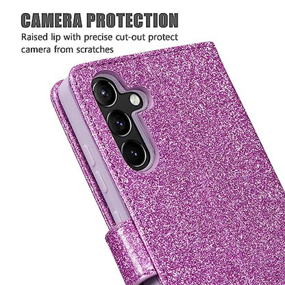 QLTYPRI Case for Samsung Galaxy A16 4G/5G, Bling Shiny Glitter Flip Folio Case Full-Body Protective Cover Card Slots Magnetic Closure Kickstand Wrist Strap for Women Girls A16 Case - Purple