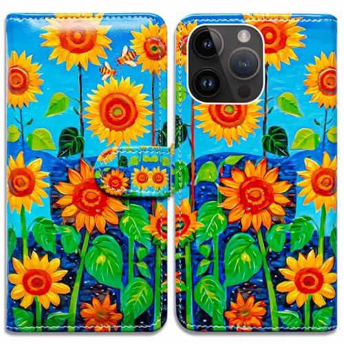RFID Safe Case for iPhone 15 Pro Max,RFID Blocking,Bee in Sunflower Leather Flip Phone Case Wallet Cover with Card Slot Holder Kickstand for iPhone 15 Pro Max - color: Bee in Sunflower