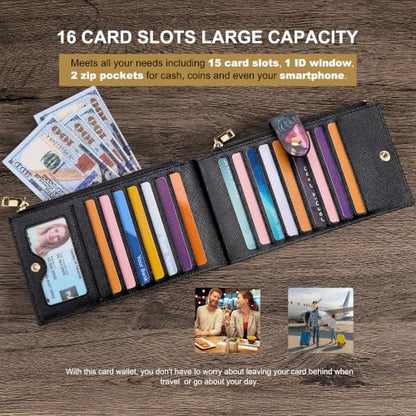 Travelambo RFID Wallet Women Large Size Bifold Multi Card Wallet Case with Zipper Pocke Credit Card Holder for Women - color: Black Mushroom