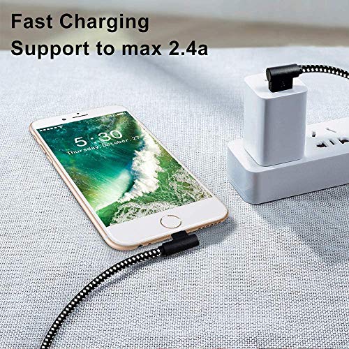 [3-Pack] Right Angle iPhone Charging Cable Nylon Braided 90 Degree Elbow Design Compatible with iPhone Xs Max/XS/XR/X, 8 7 6s 6 Plus, SE, 5s, 5c, 5, iPad Mini/Air/Pro (Black White, 10ft) - color: White