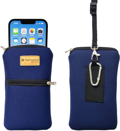 Tainada Zipper Neck Cell Phone Pouch Bag w/Belt Loop Holster (Navy Blue) | For Men/Women; Dual zip water-resistant, shockproof, neoprene cellphone holder w/ clip; Fits most smartphones in the market - color: Navy Blue