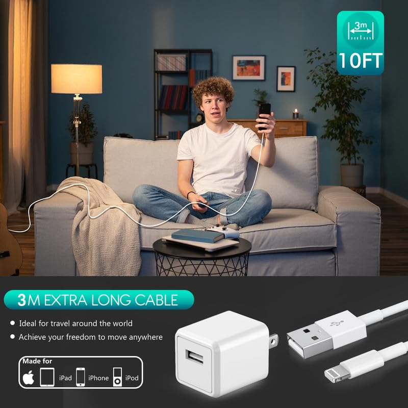 iPhone Charger,Extra Long 2 Pack 10FT Lightning Cable Cube i Phone 12 Charger Charging Transfer Cord Cable with USB Plug Wall Charge Block Travel Adapter for iPhone 14/13/12/11/SE2022/8/7/XS/XR/X/iPad - size: 10FT