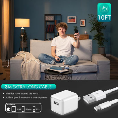 iPhone Charger,Extra Long 2 Pack 10FT Lightning Cable Cube i Phone 12 Charger Charging Transfer Cord Cable with USB Plug Wall Charge Block Travel Adapter for iPhone 14/13/12/11/SE2022/8/7/XS/XR/X/iPad - size: 10FT