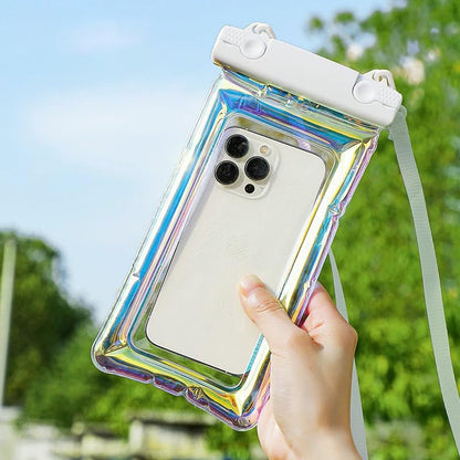 Air Float Waterproof Phone Case, Rainbow Holographic Laser TPU Touch Responsive Phone Pouch for Pool Beach Snorkeling Cruise (White) - color: White