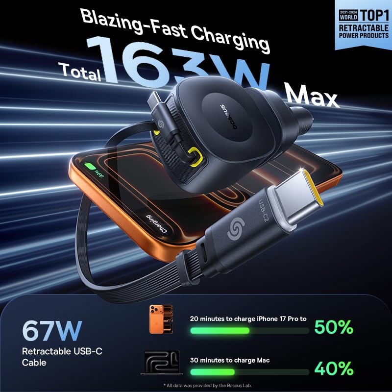 Baseus 163W Retractable Car Charger USB C Fast Charging, PrimeTrip VR2 Max 4 in 1 Fast Car Charger with Dual Retractable USB C Cable for iPhone 17 16 15 Pro Max, Samsung Galaxy S25 Ultra, Android
