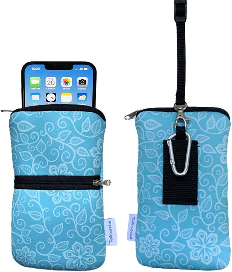 Tainada Zipper Neck Phone Pouch Bag w/Belt Loop Holster (Floral Turquoise) | For Women; Water-resistant neoprene shockproof lightweight cell phone case carrier w/ clip; Compatible w/ most smartphones - color: Floral Pattern Turquoise