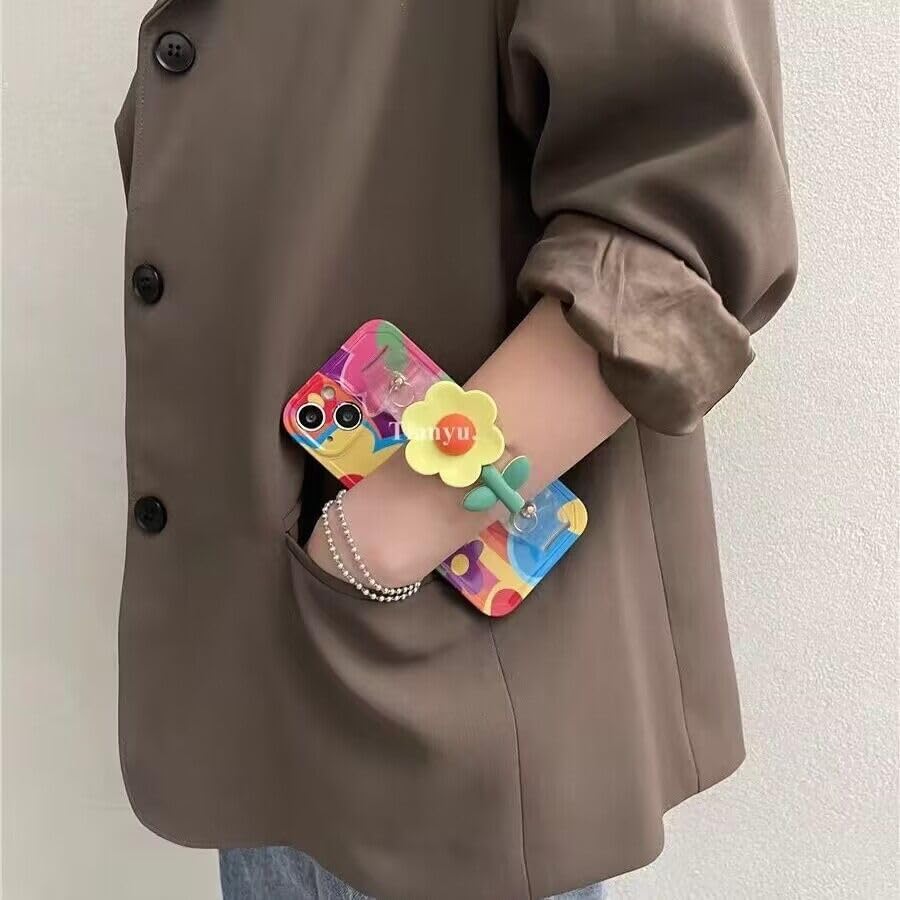 Lanyard Case Compatible with iPhone 15 Case,Crossbody case with Strap and Wrist Band,Unique Cute Kawaii Colorful Painting Flowers Design for Girls and Women - color: For iPhone 15