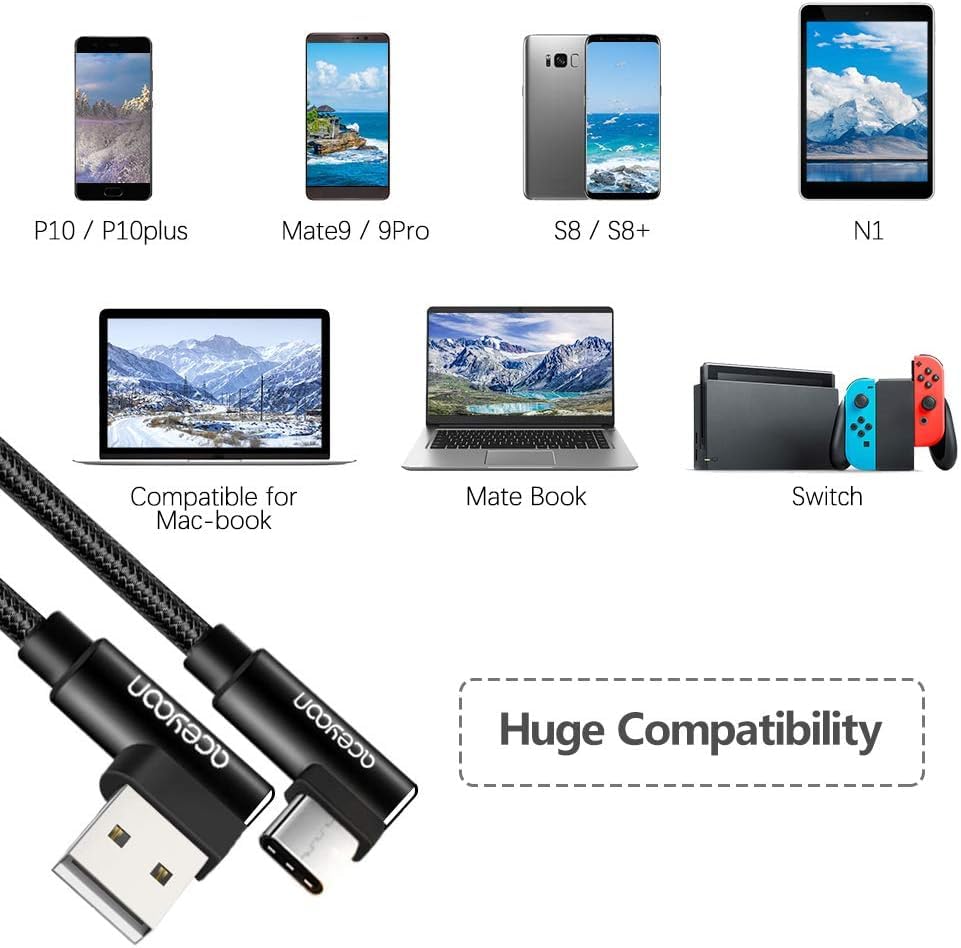 aceyoon Right Angle USB to USB C Cable 4 Pack(1/1.6/3/6.6ft), 2.4A Fast Charging 90 Degree Nylon Braided USB to USBC Charger Cord for iPhone 17/16, Samsung Galaxy S25/S24/S23, Google Pixel, Sony