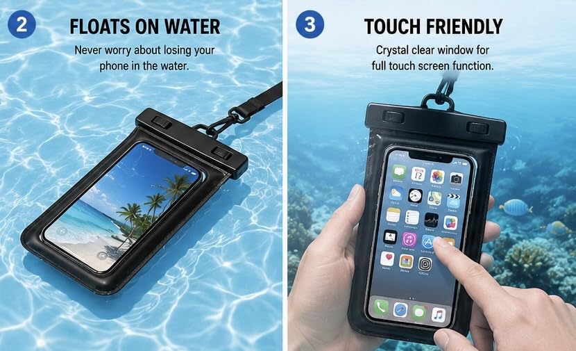Waterproof Phone Pouch 2 Pack, Floating Dry Bag with Large Storage Pocket, IPX8 Waterproof Case Fits iPhone 16/15/14 Pro Max & Samsung, Touch Screen for Beach, Swimming, Kayaking & Cruise Black