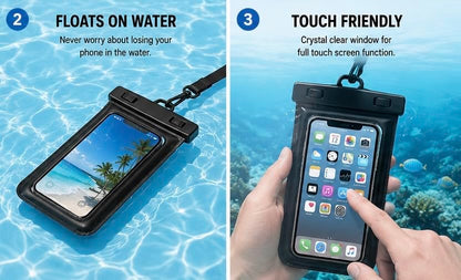 Waterproof Phone Pouch 2 Pack, Floating Dry Bag with Large Storage Pocket, IPX8 Waterproof Case Fits iPhone 16/15/14 Pro Max & Samsung, Touch Screen for Beach, Swimming, Kayaking & Cruise Black