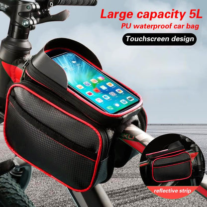 Bicycle Front Frame Bag with Touchscreen Phone Holder, Waterproof, Carbon Patterned Fabric, Top Tube Cycling Pouch(Upgrade Red) - color: Upgrade Red