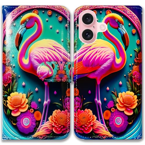 Bcov Case for iPhone 16,Pink Flamingo Flowers Mandala Multifunction Leather Phone Case Wallet Flip Cover with Multi Card Slots Pocket Wrist Strap for Apple iPhone 16 - color: Pink Flamingo Flowers Mandala