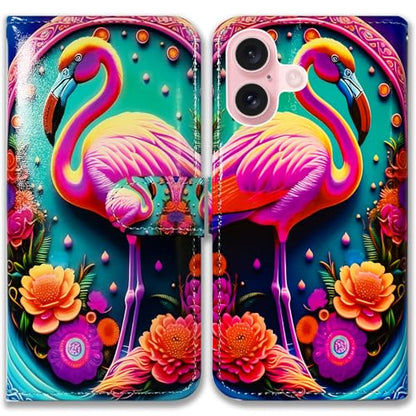 Bcov Case for iPhone 16,Pink Flamingo Flowers Mandala Multifunction Leather Phone Case Wallet Flip Cover with Multi Card Slots Pocket Wrist Strap for Apple iPhone 16 - color: Pink Flamingo Flowers Mandala