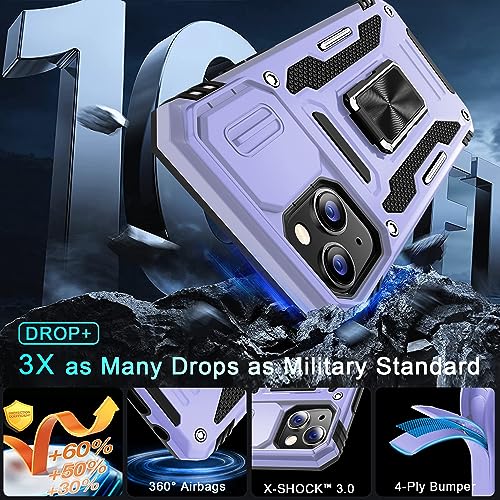 DEERLAMN Case for iPhone 13/iPhone 14 6.1-Inch with Slide Camera Cover+Screen Protector(2 Packs),Rotated Ring Kickstand Military Grade Shockproof Protective Cover-Light Purple - color: Light Purple