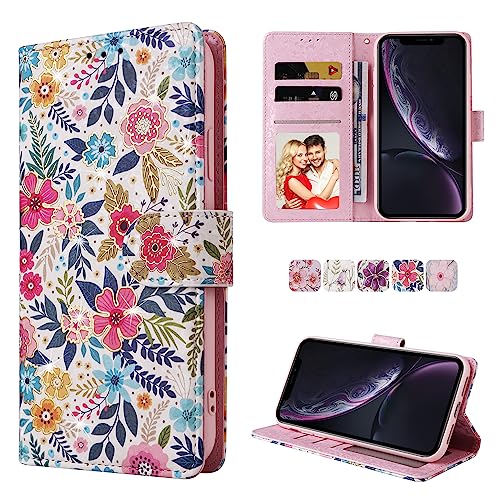 UEEBAI Wallet Case for iPhone XR, PU Leather Phone Case Kickstand RFID Blocking Flip Case with Card Slots Wrist Strap Relief Engraved Pattern Magnetic Closure Folio Case - Multi-Flower - color: Multi-Flower