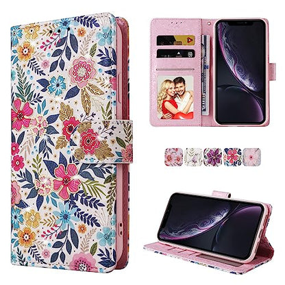 UEEBAI Wallet Case for iPhone XR, PU Leather Phone Case Kickstand RFID Blocking Flip Case with Card Slots Wrist Strap Relief Engraved Pattern Magnetic Closure Folio Case - Multi-Flower - color: Multi-Flower
