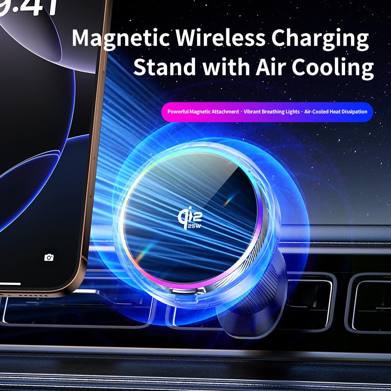 Qi2 25W Magnetic Car Mount Charger RGB Light, Ice Cooling Magnetic Wireless Car Charger Phone Holder, Air Vent Fast Charging for iPhone 17 16 15 14 13 12, S25 Series, Tempered Glass Pannel