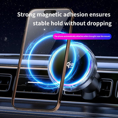 Qi2 25W Magnetic Car Mount Charger RGB Light, Ice Cooling Magnetic Wireless Car Charger Phone Holder, Air Vent Fast Charging for iPhone 17 16 15 14 13 12, S25 Series, Tempered Glass Pannel