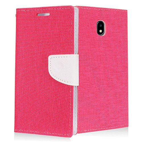 For Samsung Galaxy J7 (2018), J7 Refine, J7 Star, J7V 2nd Gen. SM-J737 - Denim Fabric Flip Wallet Case + Tempered Glass Screen Protector - White/Pink - color: CT5 White/Hot Pink