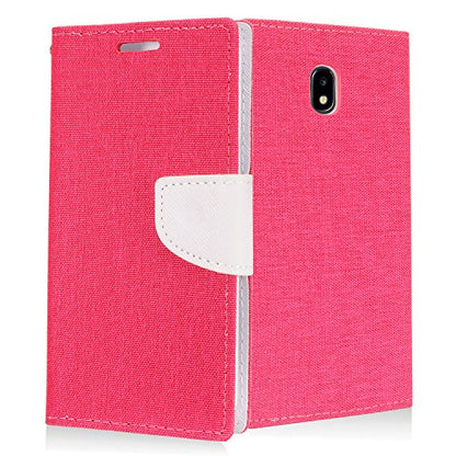 For Samsung Galaxy J7 (2018), J7 Refine, J7 Star, J7V 2nd Gen. SM-J737 - Denim Fabric Flip Wallet Case + Tempered Glass Screen Protector - White/Pink - color: CT5 White/Hot Pink
