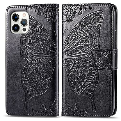 for iPhone 12 Pro/iPhone 12 Wallet Case,Women Flip Folio Cover with Butterfly Embossed PU Leather Kickstand Credit Card Holder Slots Wrist Strap for iPhone 12/12 Pro 6.1 inch (Black) - color: Black