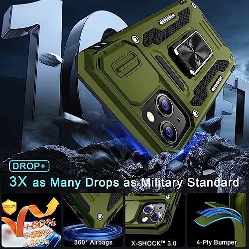 DEERLAMN Case for iPhone 13/iPhone 14 6.1-Inch with Slide Camera Cover+Screen Protector(2 Packs),Rotated Ring Kickstand Military Grade Shockproof Protective Cover-Olive Green - color: Olive Green
