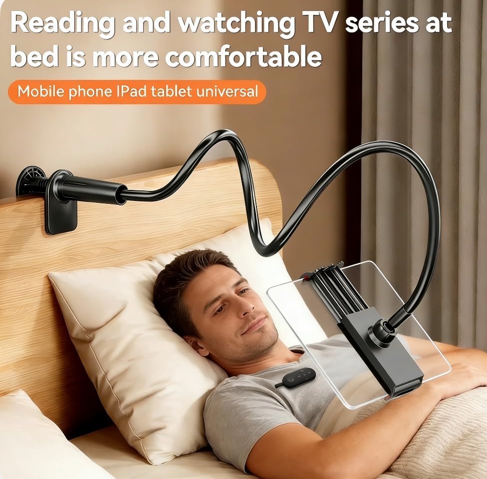 Phone Holder for Bed Laying Down with Remote Page Turner, Bedside Gooseneck Phone Stand with Clicker for Reading, Flexible Mount with Wireless Scrolling Ring for iPhone/Tiktok/Short Video