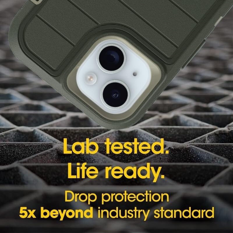 OtterBox iPhone 15, iPhone 14, & iPhone 13 (Only) Defender Series Case - Lichen the Trek (Green) - Rugged & Durable - with Port Protection - Holster Clip Includes - Microbial Defense Protection - color: Lichen The Trek (Green), style: Non-MagSafe