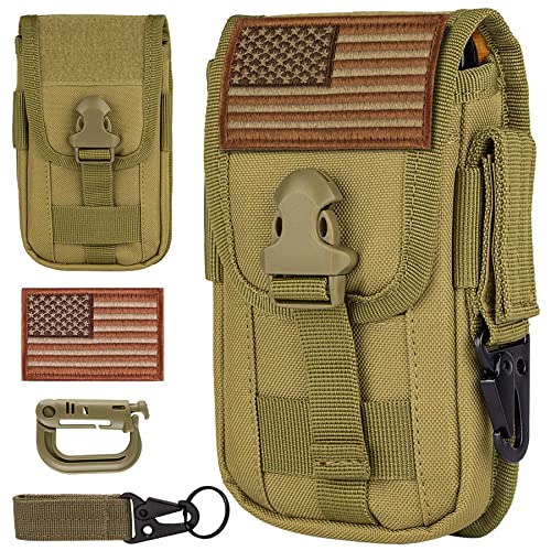 Tactical Cell Phone Holster Pouch, Smartphone Pouch Phone Case Molle Attachment Belt Holder Waist Bag for 4.7"-6.9" with US Flag Patch and Gear Clip for iPhone 17 Pro/16 Pro - color: Tan