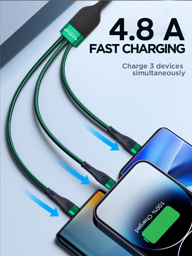 M.A.D LAB 100W USB-C Multi Charging Cable, 3-in-1 Nylon Braided, 4.3 ft