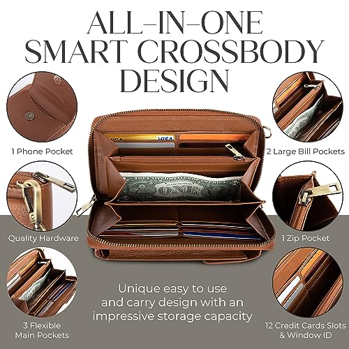 BULL GUARD Crossbody Bag for Women, Leather Phone Wallet Purse with Adjustable Anti Theft Strap & RFID Blocking 12 Card Slots - color: Rich Mocha Brown - Small