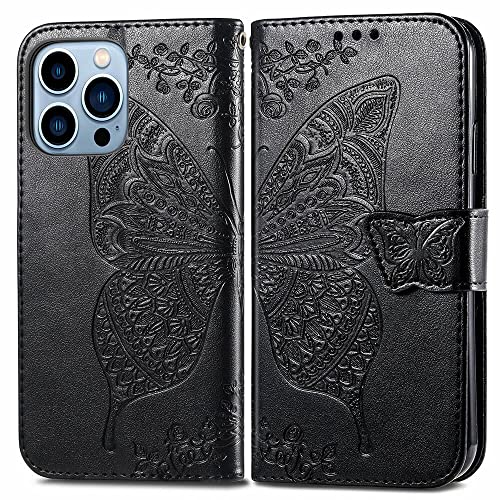 for iPhone 13 Pro Case Wallet for Women,Black | Flip Folio Butterfly Embossed PU Leather Kickstand Credit Card Holder Slots Magnetic Wrist Strap Phone Cover - color: Black
