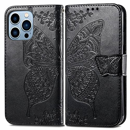 for iPhone 13 Pro Case Wallet for Women,Black | Flip Folio Butterfly Embossed PU Leather Kickstand Credit Card Holder Slots Magnetic Wrist Strap Phone Cover - color: Black