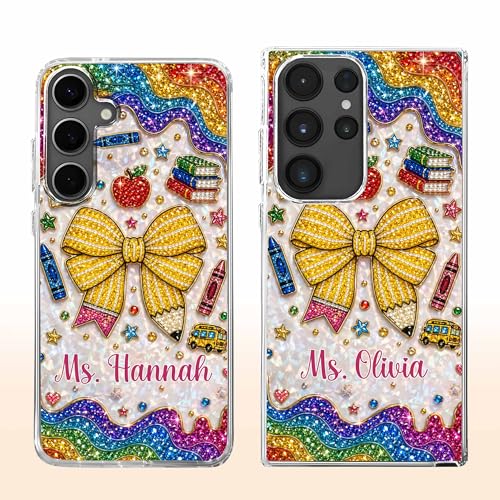 Teaching is A Work of Heart Pencil Bow and Apple - Personalized Clear Phone Case Cute Teacher Appreciation Week Gift Back to School Protective Cover for Women