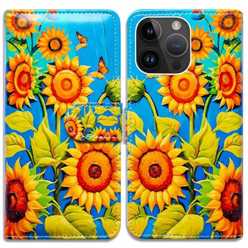 RFID Safe Case for iPhone 15 Pro Max,RFID Blocking,Yellow Sunflower Butterfly Leather Flip Phone Case Wallet Cover with Card Slot Holder Kickstand for iPhone 15 Pro Max - color: Yellow Sunflower Butterfly