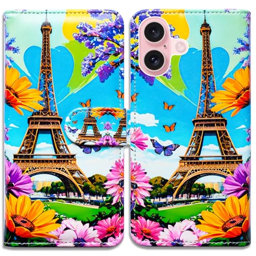 Bcov Case for iPhone 16,Eiffel Tower Purple Flower Butterfly Multifunction Leather Phone Case Wallet Flip Cover with Multi Card Slots Pocket Wrist Strap for Apple iPhone 16 - color: Eiffel Tower Purple Flower Butterfly