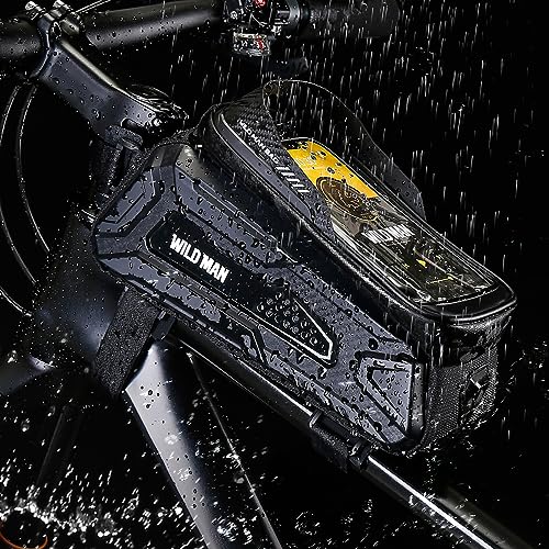 WILD MAN Hard Shell Bike Phone Frame Bag Waterproof Top Tube Bike Phone Bag with Sensitive Touch Screen for Road Mountain MTB Cycling(M30,Black) - color: Black