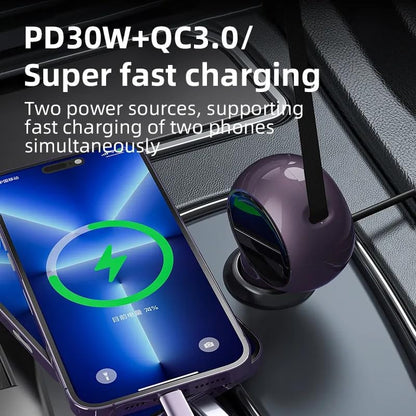K2 Model 60W Retractable USB-C Car Charger Dual Port Fast Charging Adapter Compact, Travel-Ready Works with iPhone 15, Samsung, iPad, MacBook for Trucks & Cars