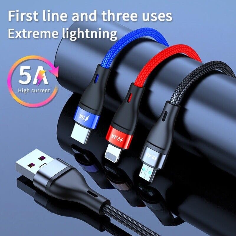3 in 1 Fast Charging Cable with Micro USB, USB-C, and Lightning Connector Compatible with iPhone and Android, Nylon Braided, Black