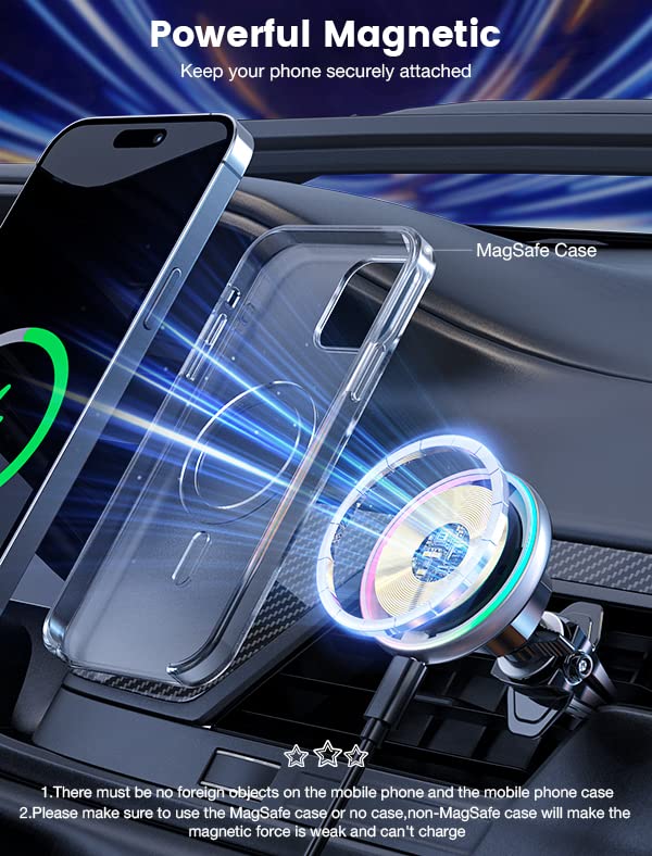 for Magsafe Car Mount Charger 15W LED RGB Car Phone Holder for Dash Vent - color: Brigh Black