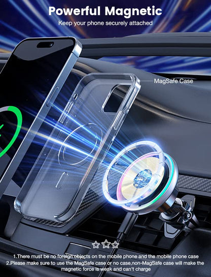 for Magsafe Car Mount Charger 15W LED RGB Car Phone Holder for Dash Vent - color: Brigh Black