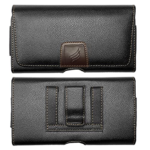 Leather Cellphone Holster for iPhone 13/14/15/16/17 Pro Max, LG K92,Samsung Galaxy S23 S24 S25 Plus, TCL 50 60 XE XL - Horizontal Case Waist Carrying Pouch with Belt Clip/Loops, Black - size: Large