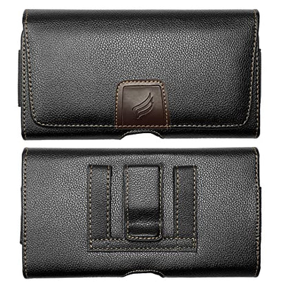 Leather Cell Phone Holster for Boost Celero 5G, Motorola Moto G, Moto G Power 2021/2022, TCL 30V, 30XE, 30XL, Wiko Voix - Horizontal Case Waist Carrying Pouch with Belt Clip/Loops, Black - size: Large