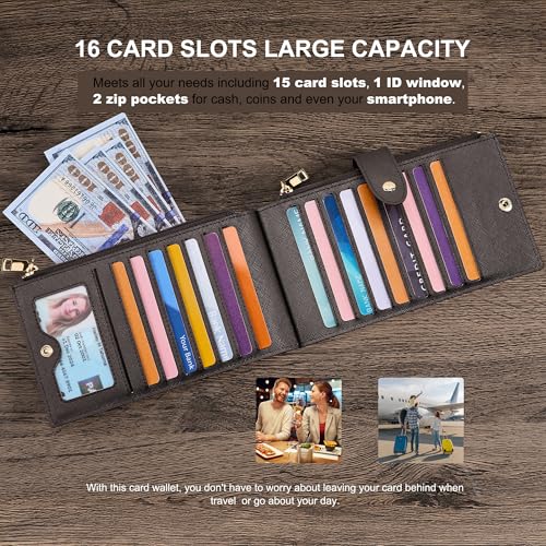 Travelambo RFID Wallet Women Large Size Bifold Multi Card Wallet Case with Zipper Pocke Credit Card Holder for Women - color: Coffee
