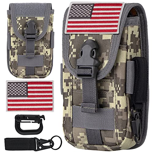 Tactical Cell Phone Holster Pouch Case, Molle Attachment Belt Holder for 4.7"-6.9" with US Flag Patch and Gear Clip for iPhone 18 Pro Max/17 Pro/16 Pro - color: Gray Camo