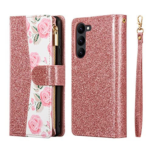 UEEBAI Wallet Case for Samsung Galaxy S24 Plus/S25 Plus 5G, PU Leather Wallet Magnetic Closure Handbag Zipper Pocket Cover Kickstand Card Slots with Hand Strap Rose Flip Case Women - Bling Rose Gold - color: Bling Rose Gold, size: Samsung Galaxy S24 Plus/