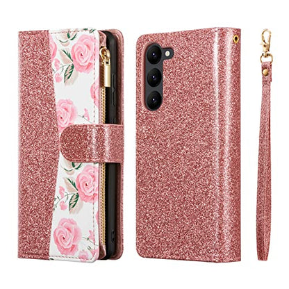 UEEBAI Wallet Case for Samsung Galaxy S24 Plus/S25 Plus 5G, PU Leather Wallet Magnetic Closure Handbag Zipper Pocket Cover Kickstand Card Slots with Hand Strap Rose Flip Case Women - Bling Rose Gold - color: Bling Rose Gold, size: Samsung Galaxy S24 Plus/