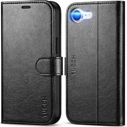 TUCCH Case Wallet for iPhone 17e/16e (6.1"), Flip Stand, Textured Black | 4 Card Holders, Kickstand, PU Leather, Magnetic Closure, Shockproof TPU Shell, Protective Flip Cover - color: Black - Textured